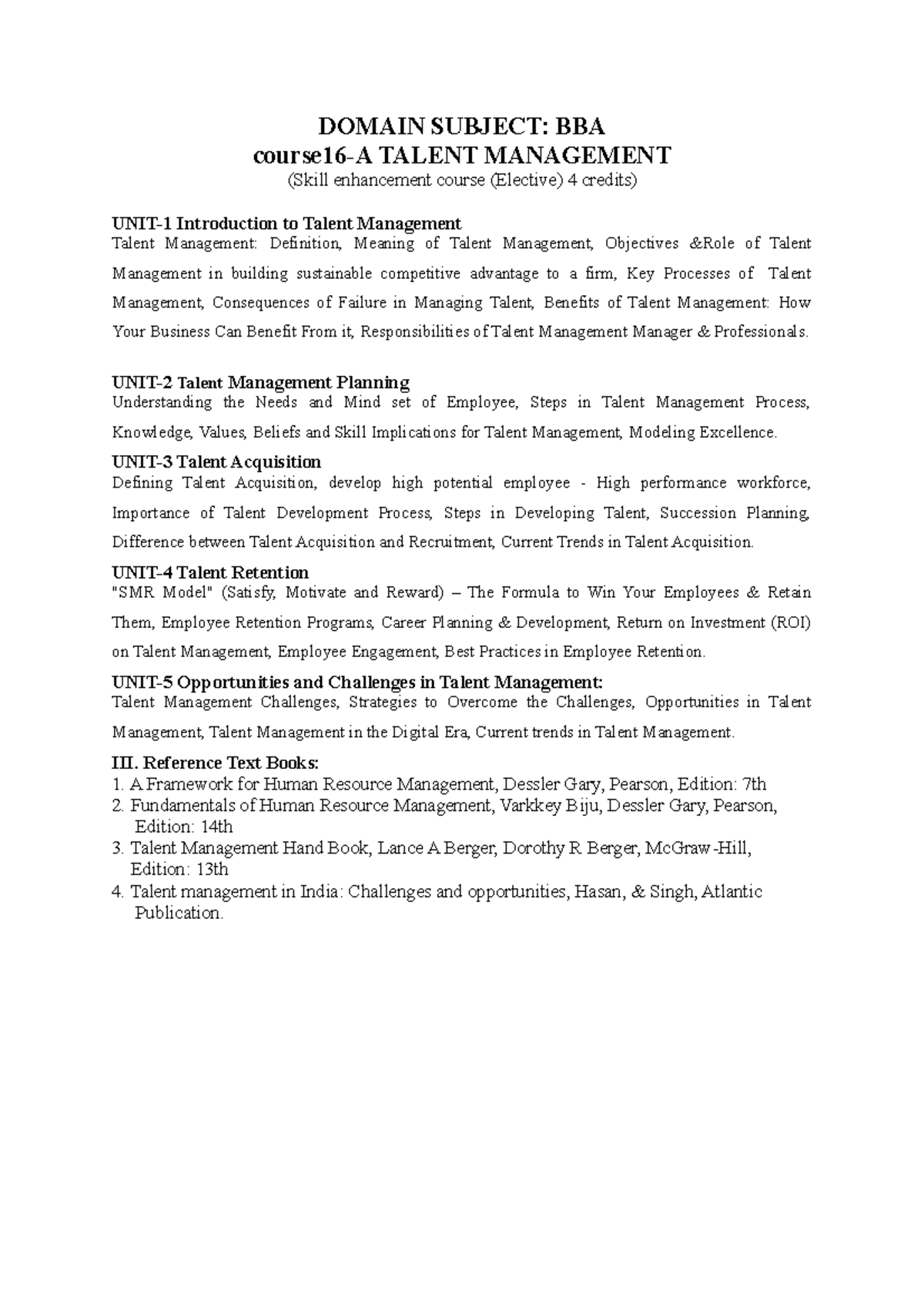 Talent Management - Subject Contents - DOMAIN SUBJECT: BBA course16-A ...
