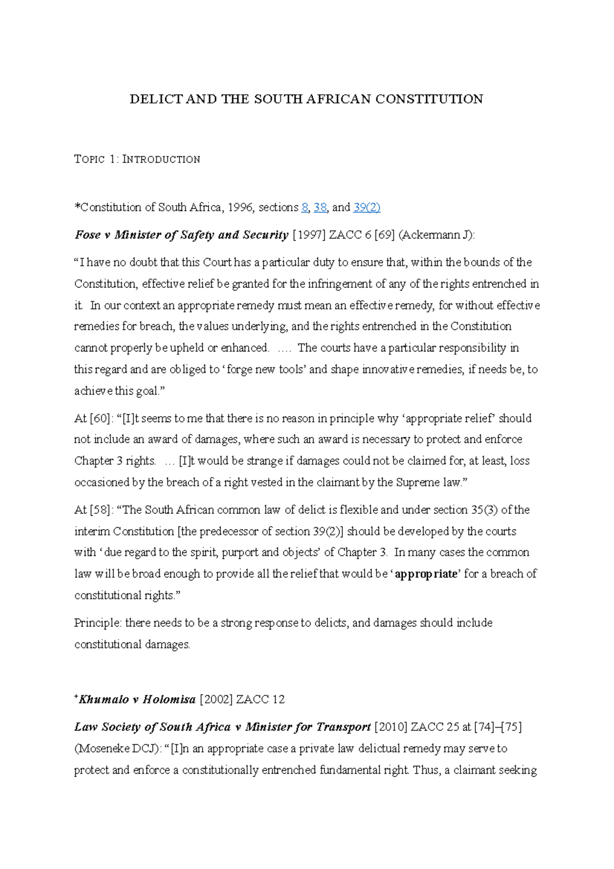 Delict and the Constitution - DELICT AND THE SOUTH AFRICAN CONSTITUTION ...