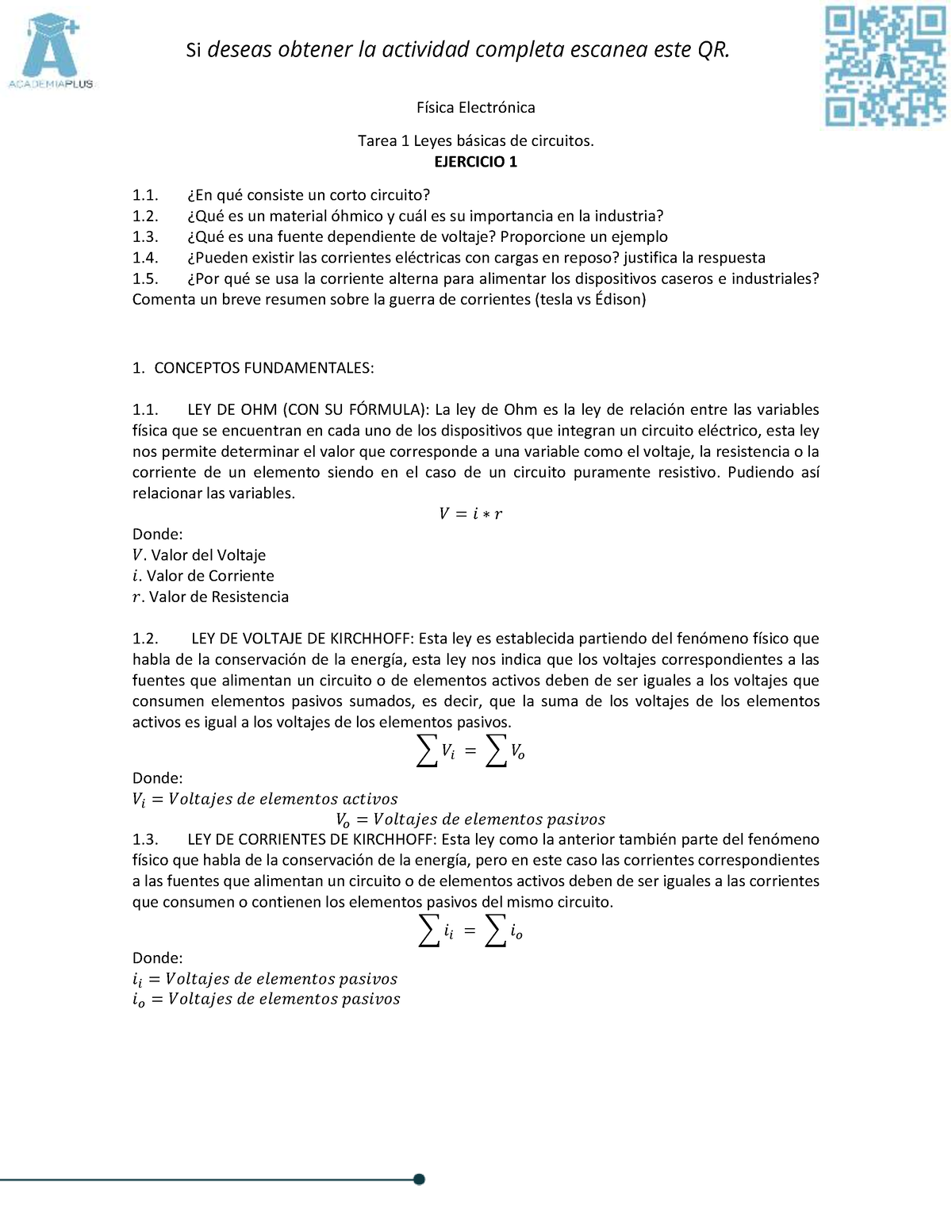 Física Electrónica, Tarea 1 Leyes Básicas De Circuitos - EJERCICIO 1 ...