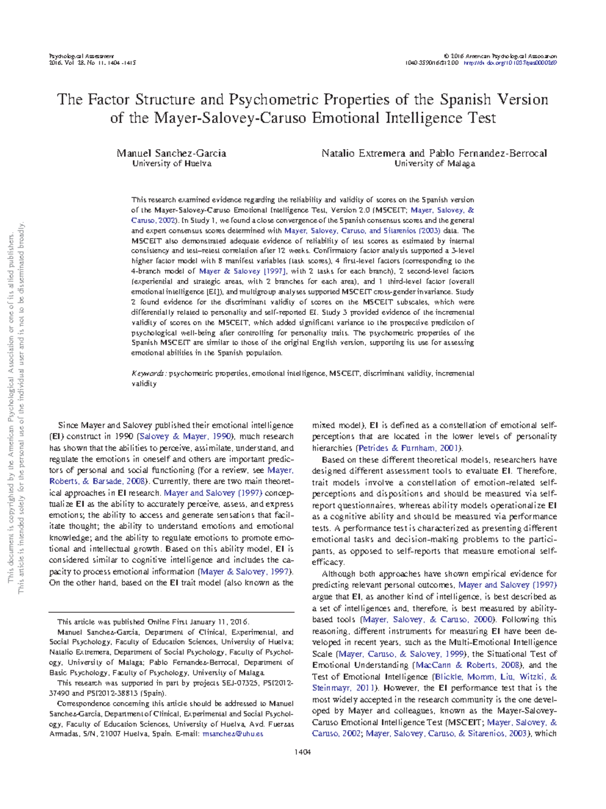 The Factor Structure and Psychometric Properties of the Spanish Version ...