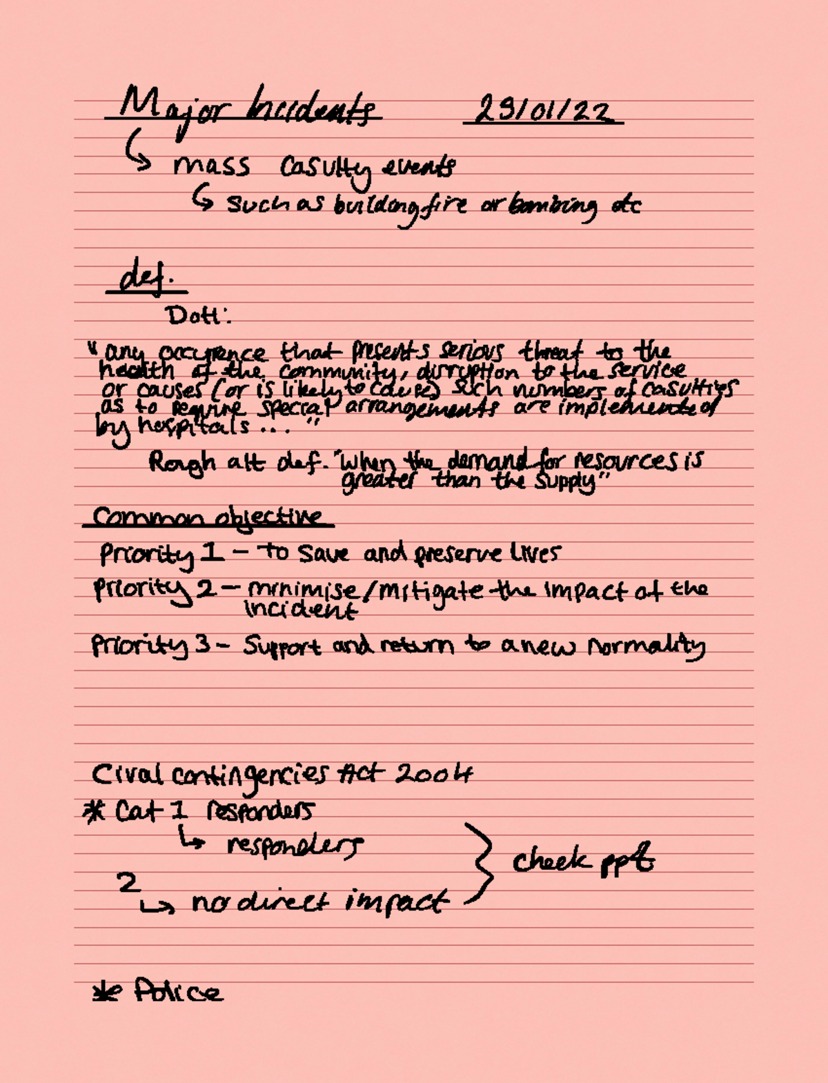 Note 25 Jan 2022 - Paramedic science class notes - Major Incidents ...