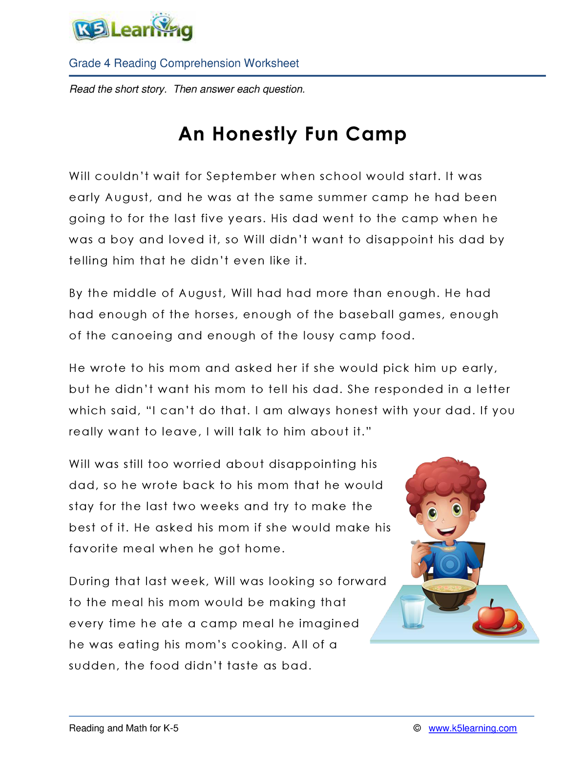 4th grade 4 reading fun camp - Read the short story. Then answer each ...