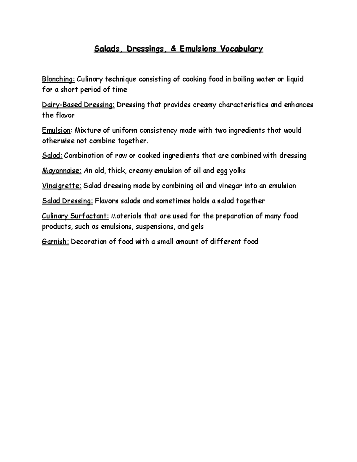 FCS 240. Salad, Dressings, and Emulsions Vocabulary Salads