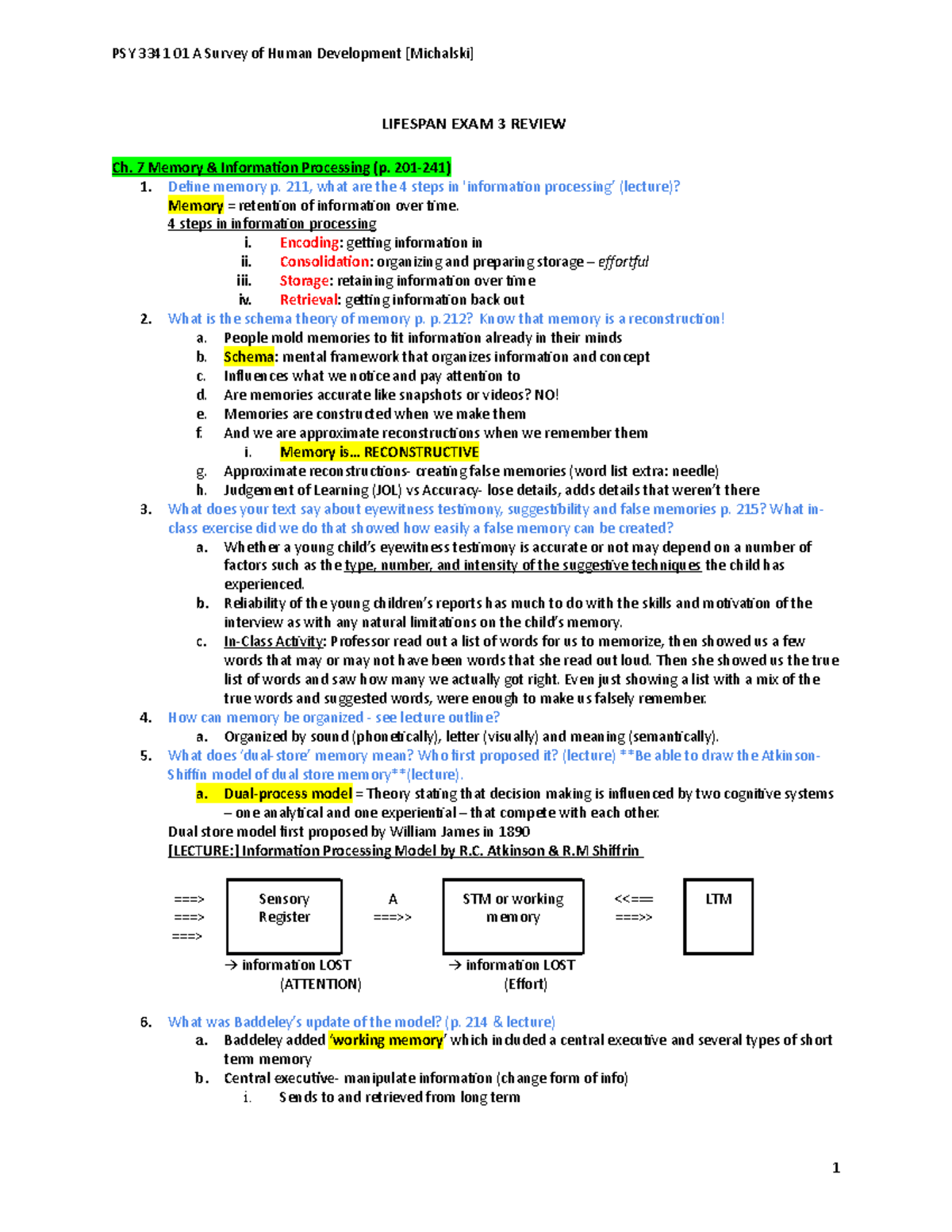 3341 Study Guide 3 [ch. 7 and 11] PSY 3341 01 A Survey of Human
