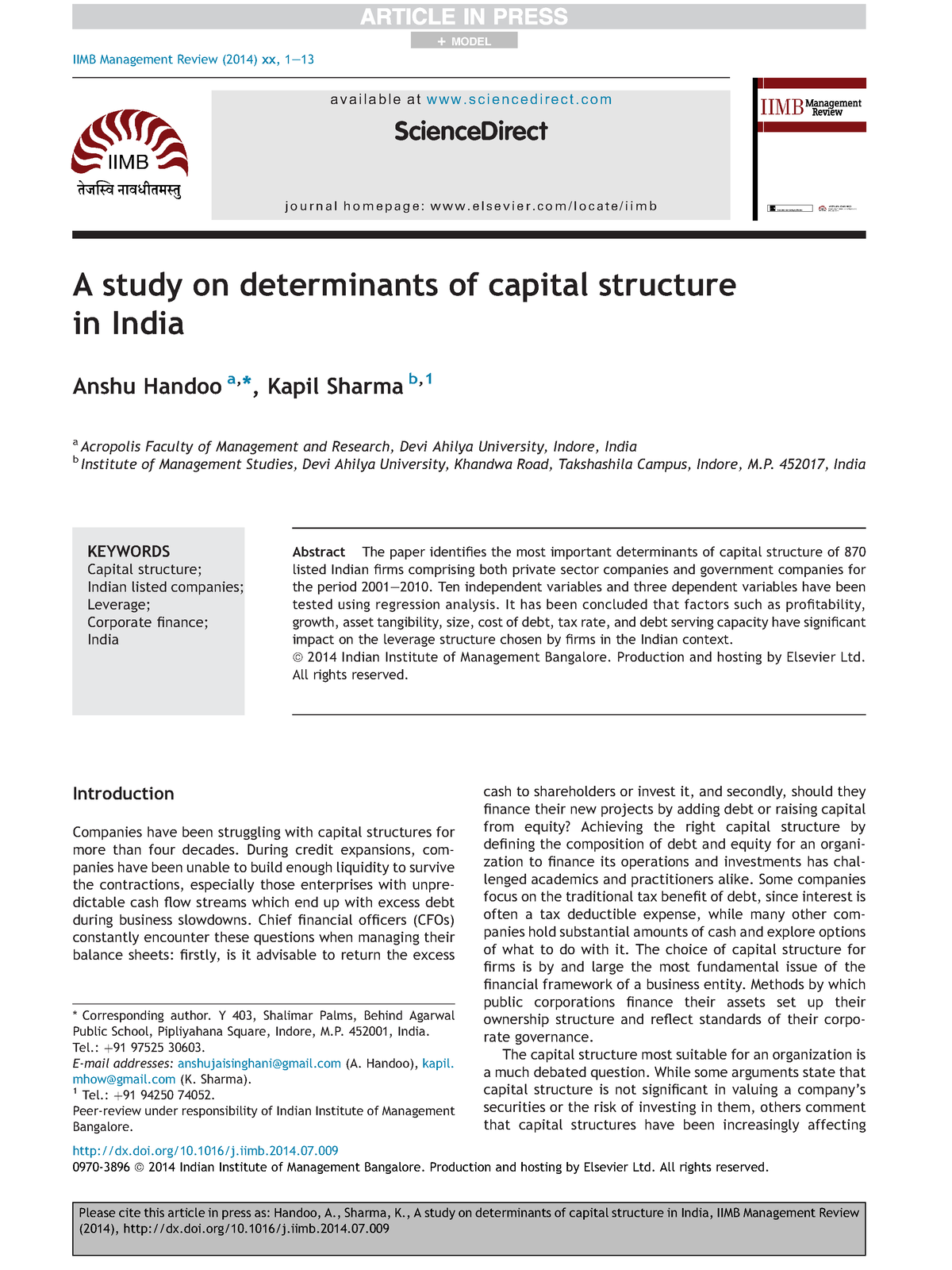 research paper on determinants of capital structure