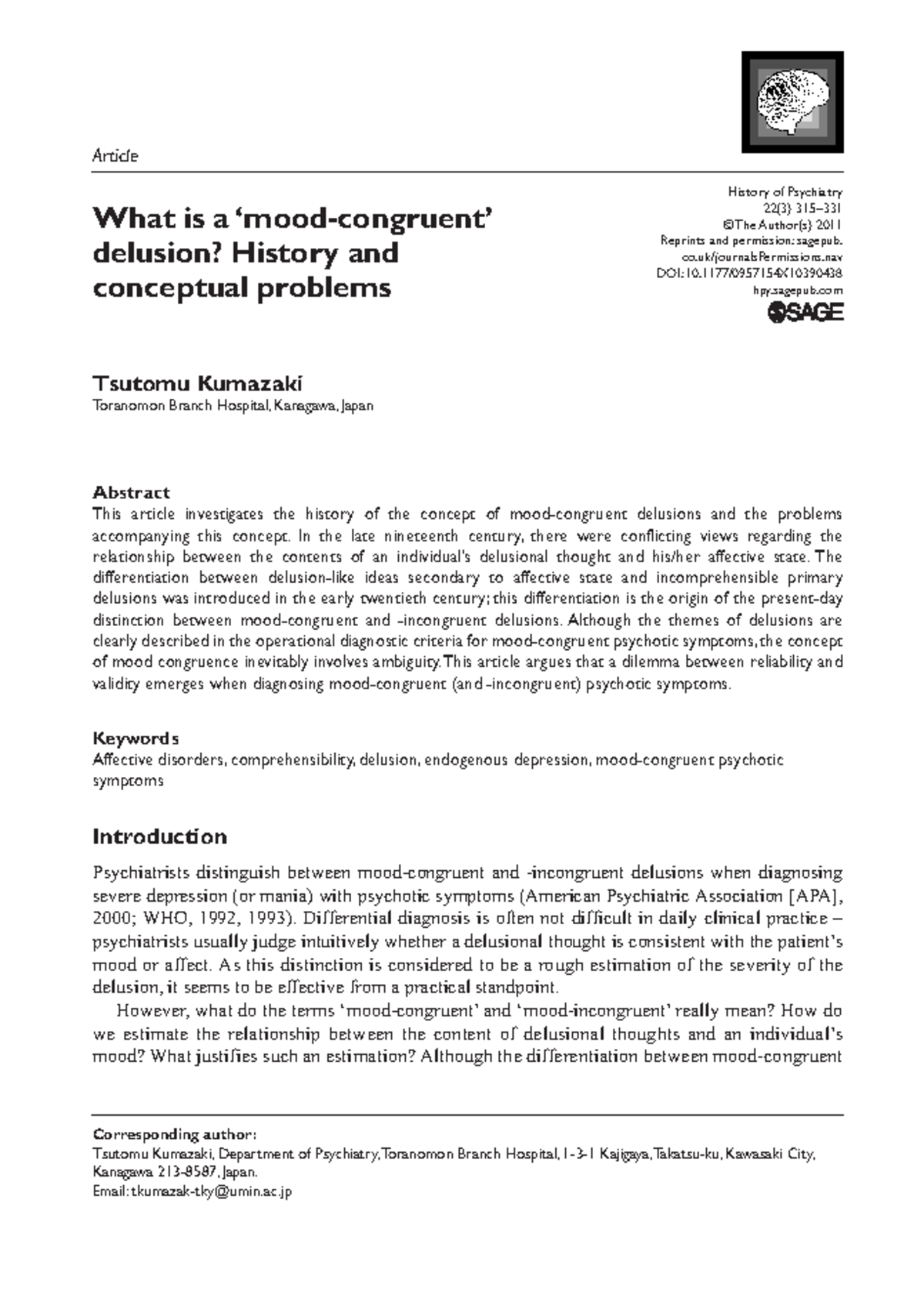 MOOD Congruent Delusion - Article History of Psychiatry 22(3) 315 ...