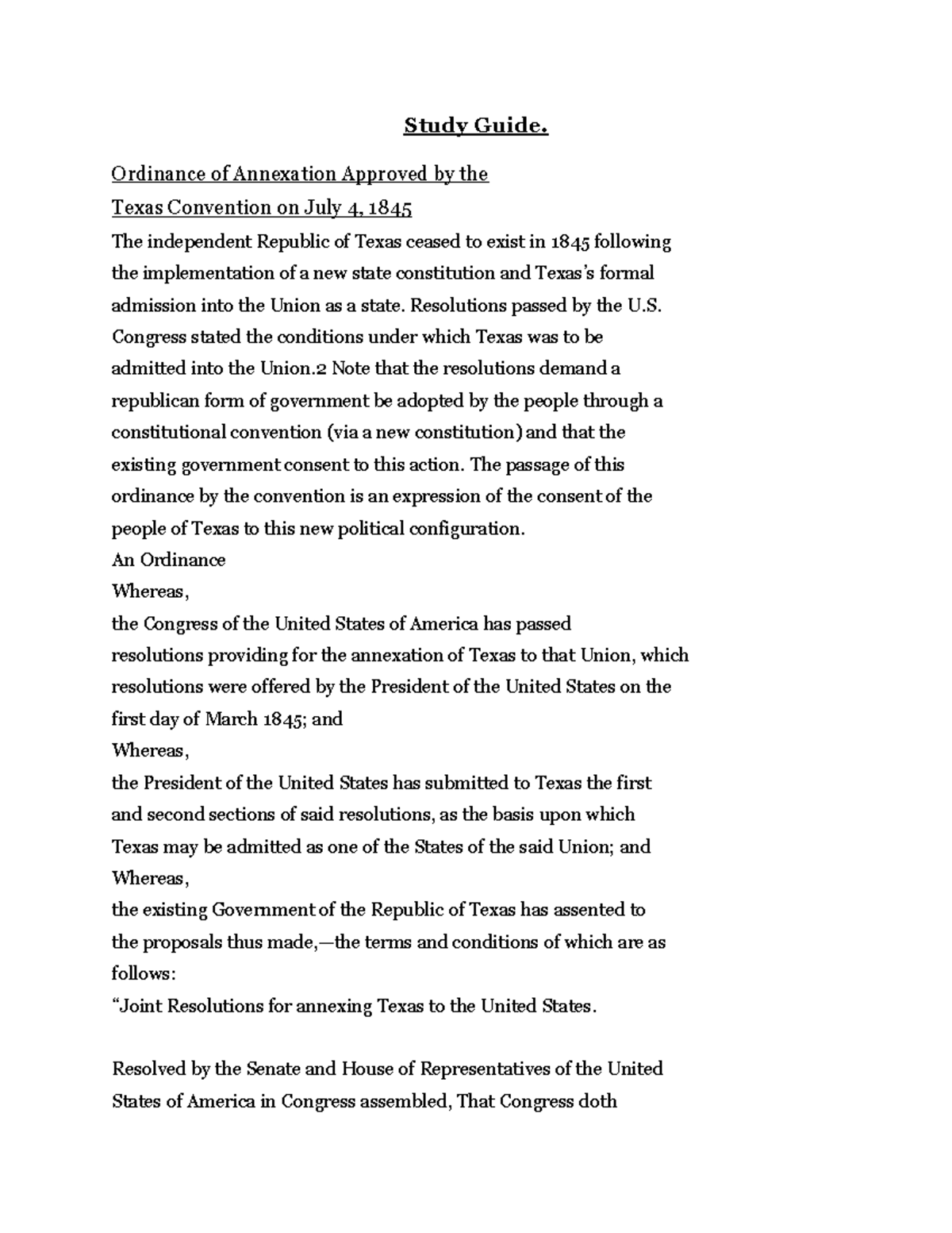 Ordinance of Annexation Approved by the Texas Convention on July 4, 1845 Study Guide