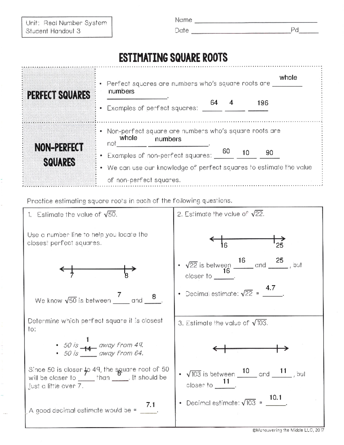 Estimating Square Roots Handout - Math 1201 - whole - numbers - 60 10 ...