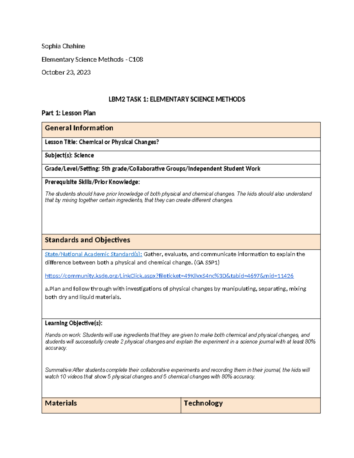 C108 Task 1 - Summary Elem Science Methods - Sophia Chahine Elementary ...