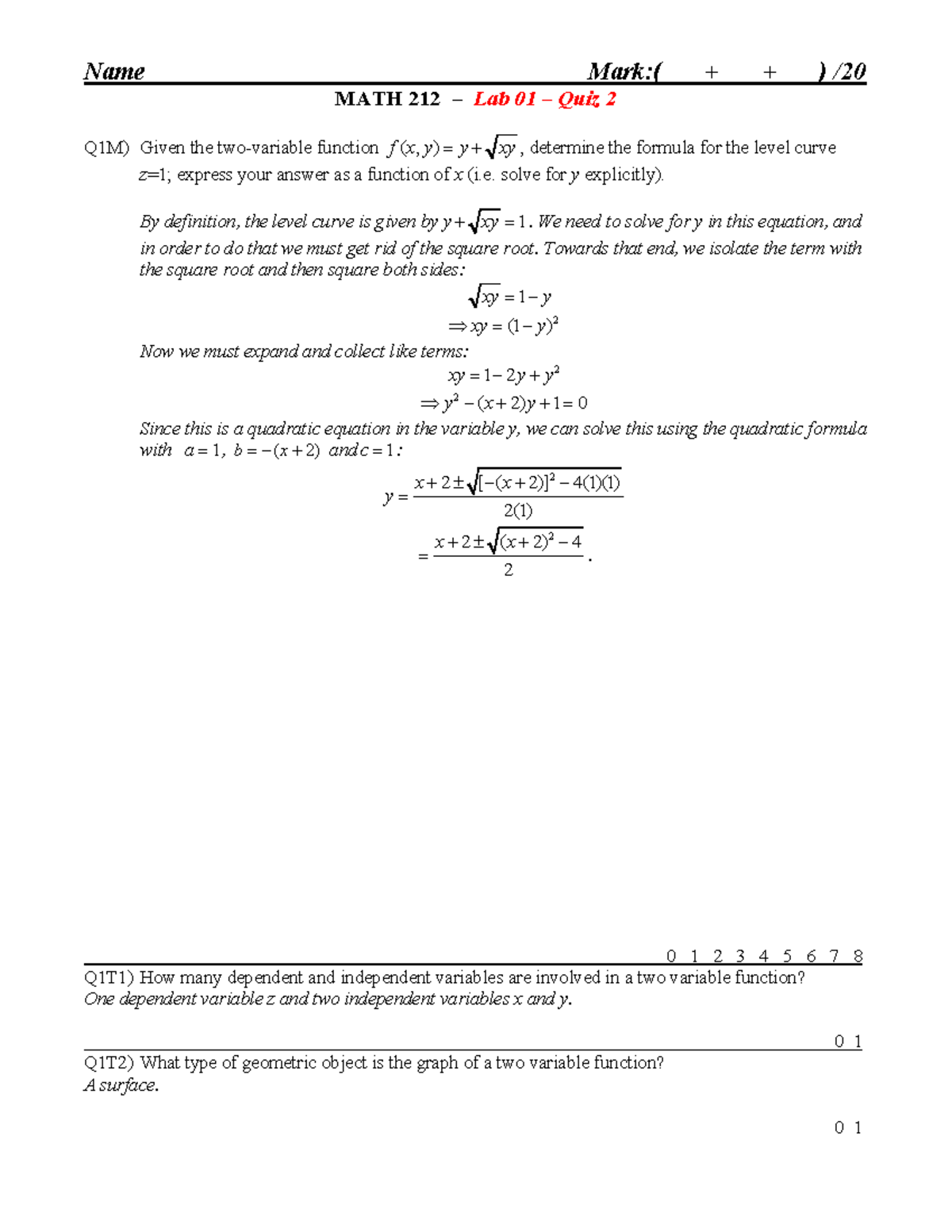 Lab 01 Quiz 02 Quiz Name Mark Math 212 Lab 01 Quiz 2 Q1m Given The Two Variable Studocu