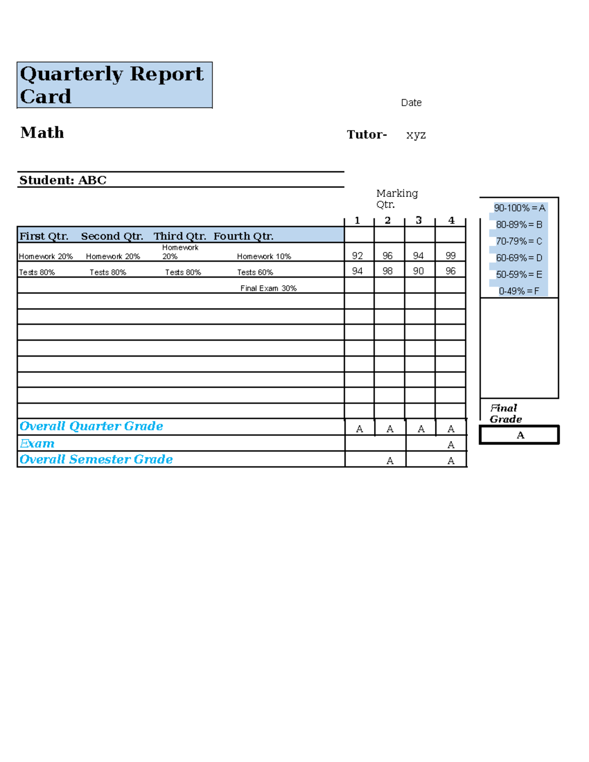 Report-Card-Tem52 - Very good scripture - Quarterly Report Card Date ...