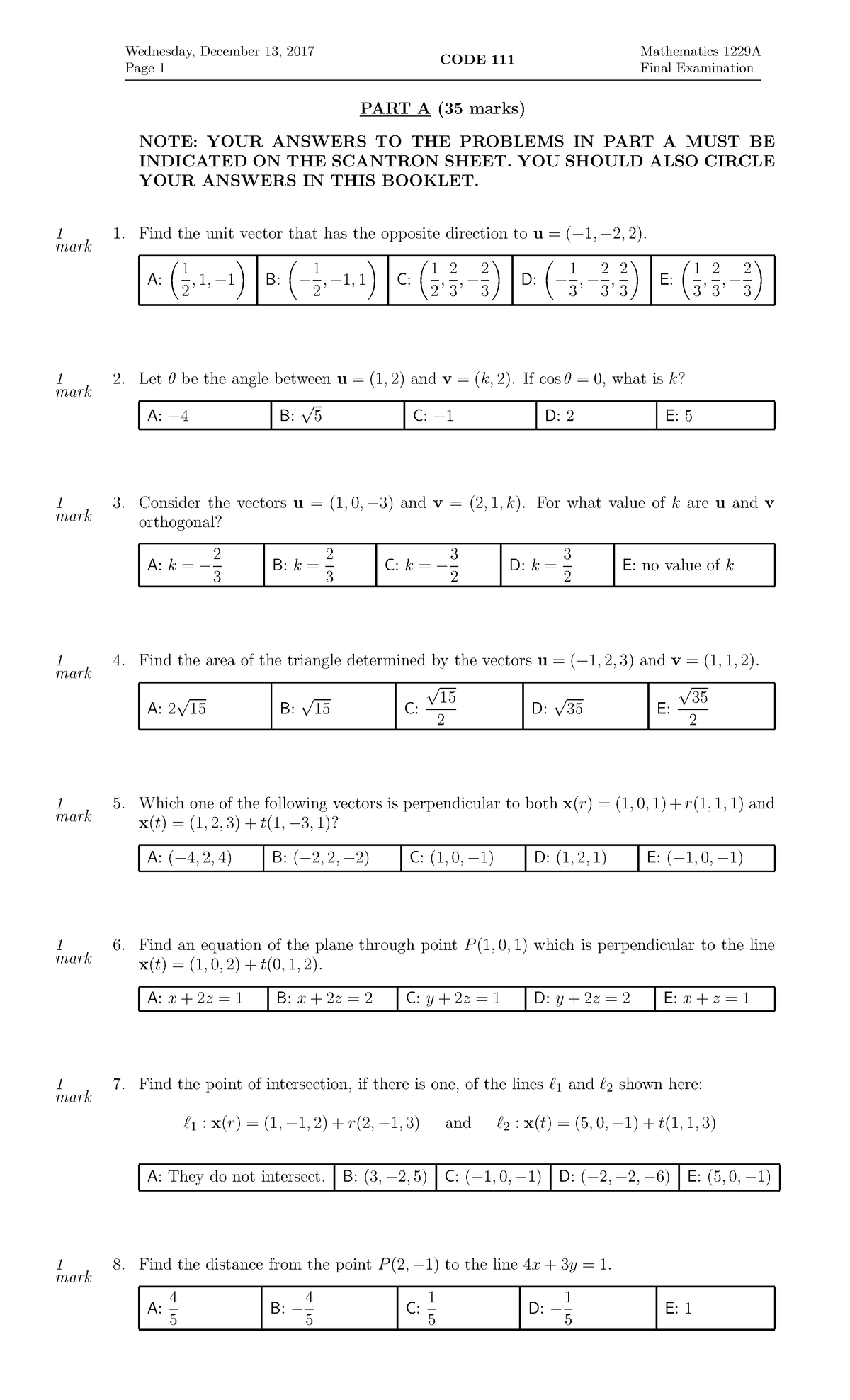 western university mathematic 1229 practice exams - Wednesday, December ...