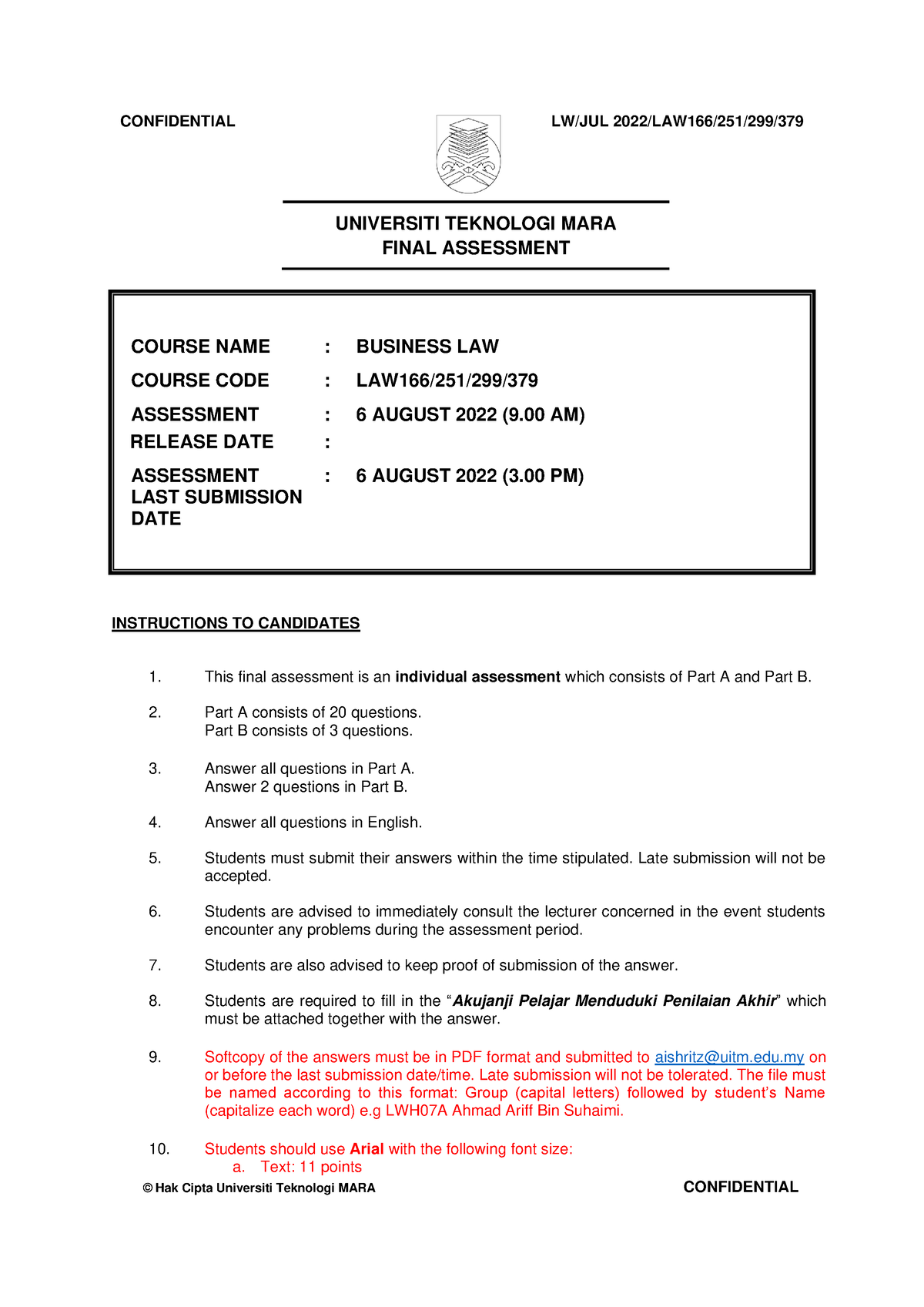 Question-LAW299 JULY 2022 - UNIVERSITI TEKNOLOGI MARA FINAL ASSESSMENT ...