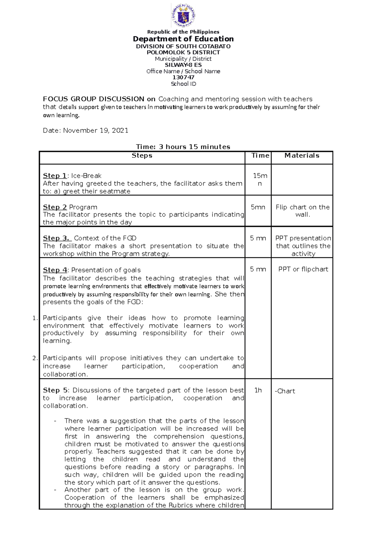 FGD for MT for objective 8 - Republic of the Philippines Department of ...