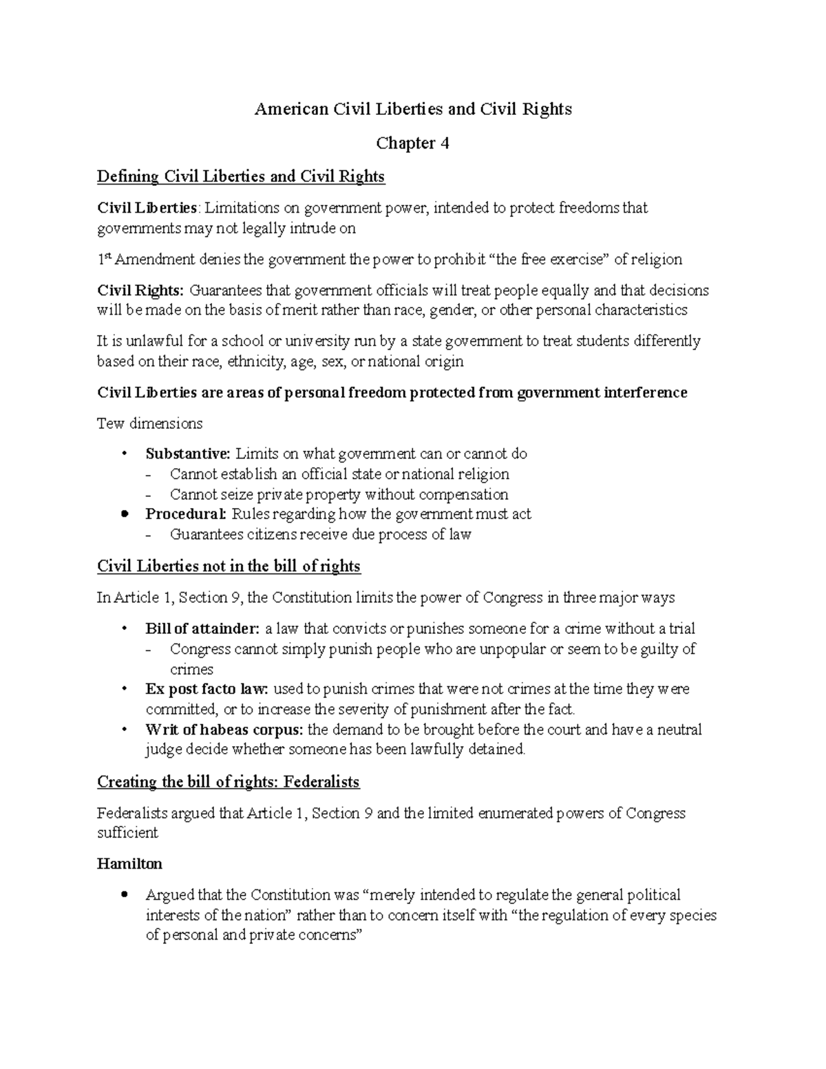 American Gov Ch. 4 Civil Liberties Notes - American Civil Liberties And ...