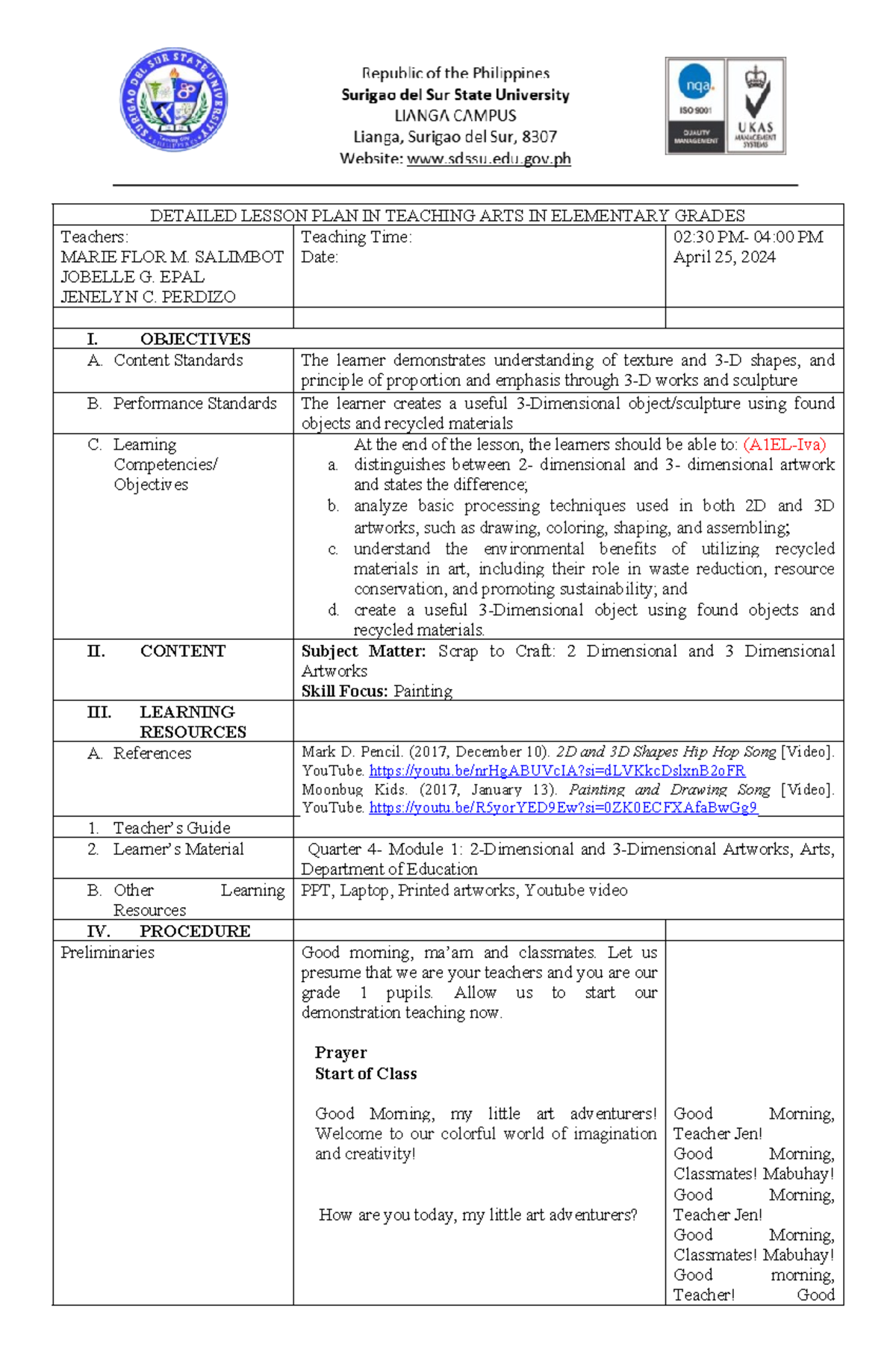 EPAL Salimbot Perdizo Lesson Plan ARTS 3 - DETAILED LESSON PLAN IN ...