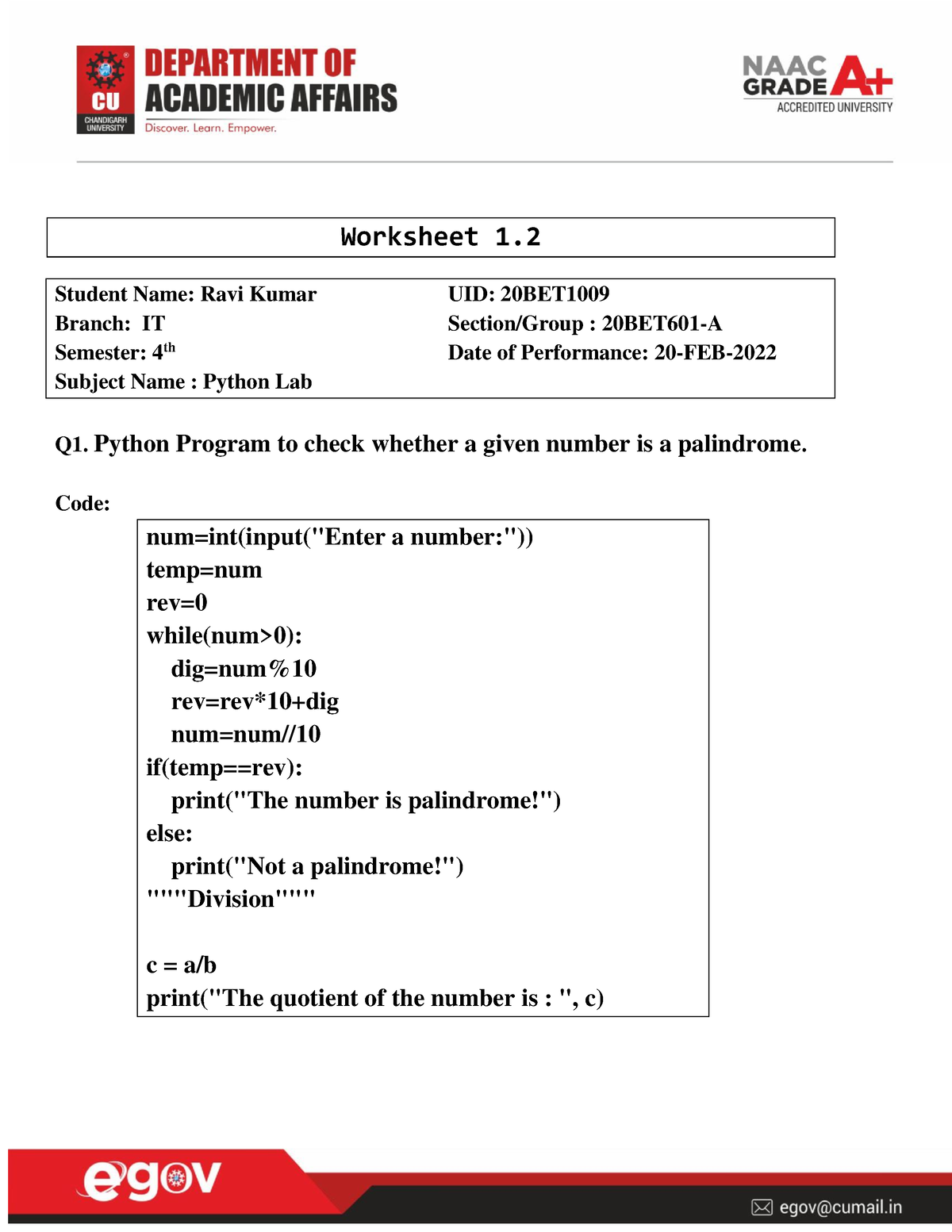 Experiment 1 - Python Practical Worksheet - Worksheet 1. Student Name ...