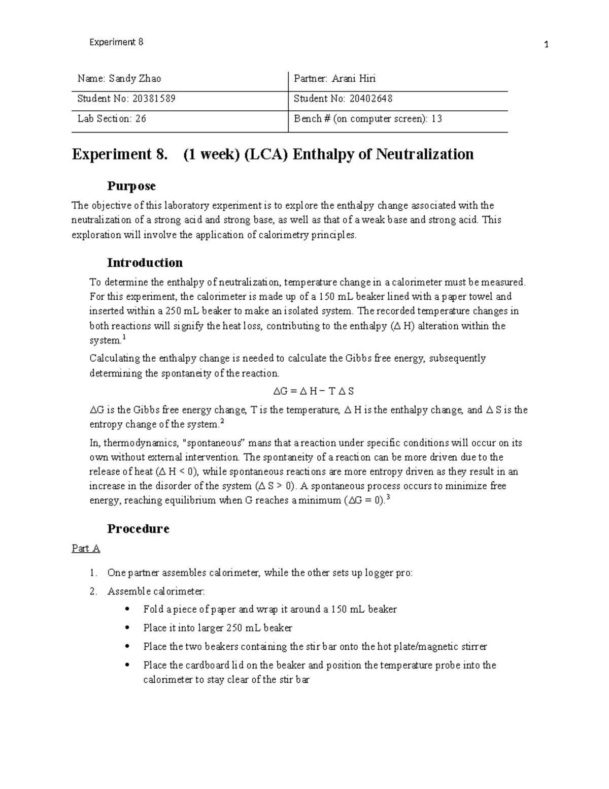 Enthalpy of Neutralization Lab - Name: Sandy Zhao Partner: Arani Hiri ...