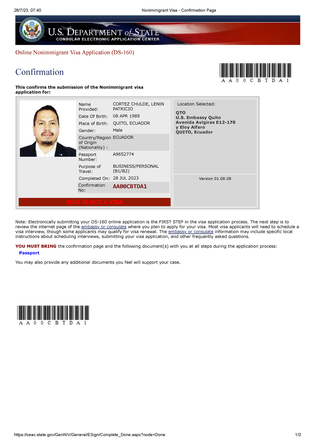 Comprobante DE DS-160, Nonimmigrant Visa - Confirmation Page - 28/7/23 ...