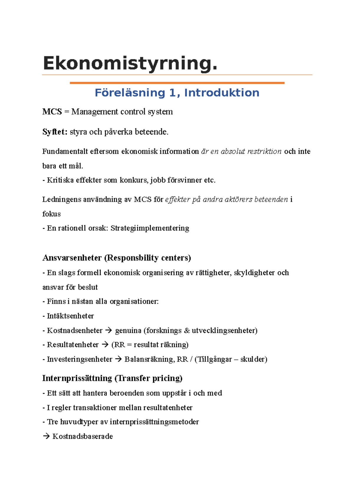 Styrsystem Och Strategier Föreläsningar - Ekonomistyrning. Föreläsning ...