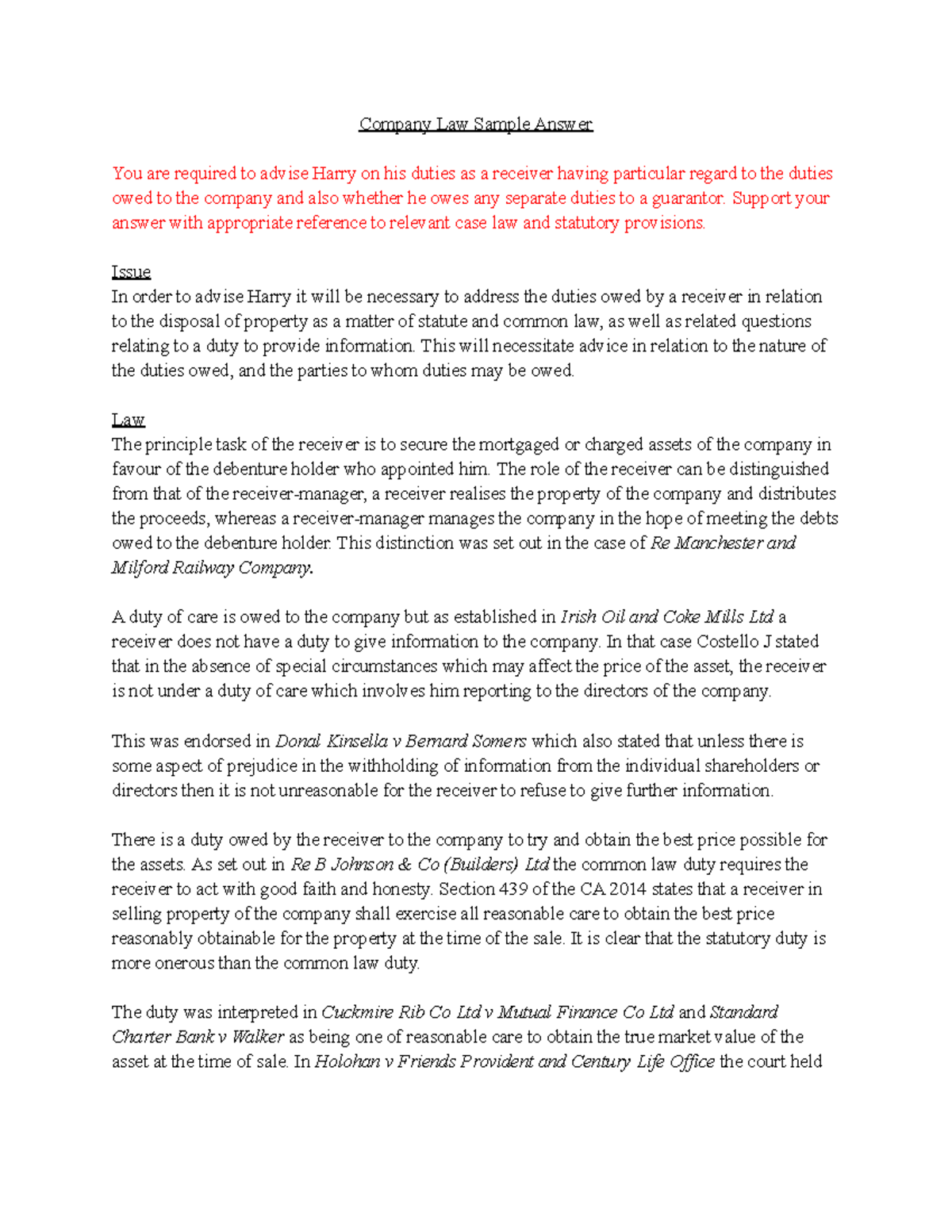Company Law Sample Receivership Answer Company Law Sample Answer You