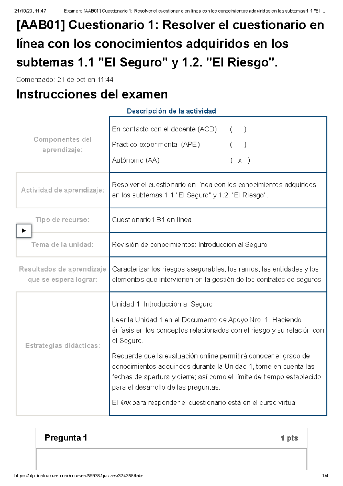 Examen [AAB01] Cuestionario 1 Resolver El Cuestionario En Línea Con Los ...