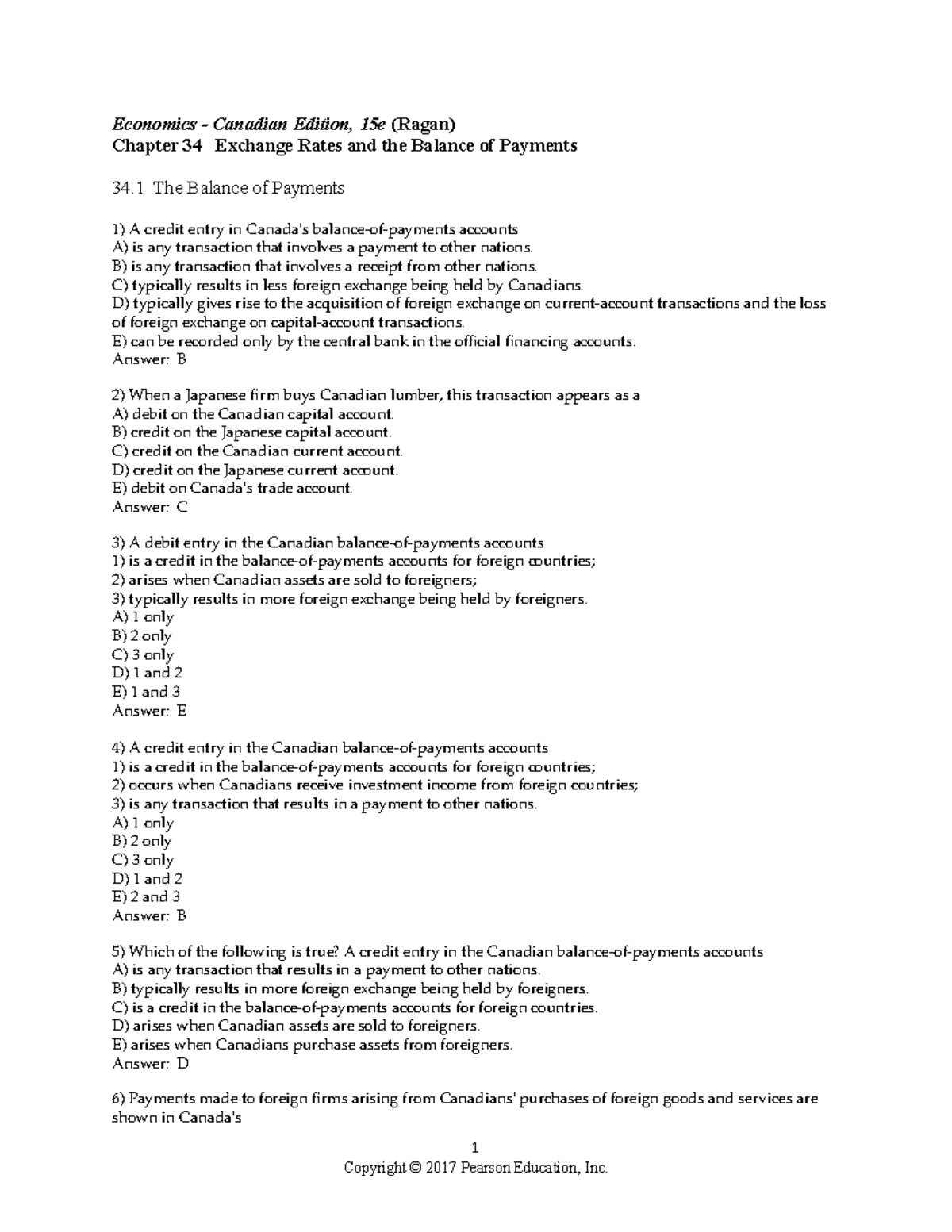 Chapter34 test bank Economics Canadian Edition, 15e (Ragan) Chapter 34 Exchange Rates and