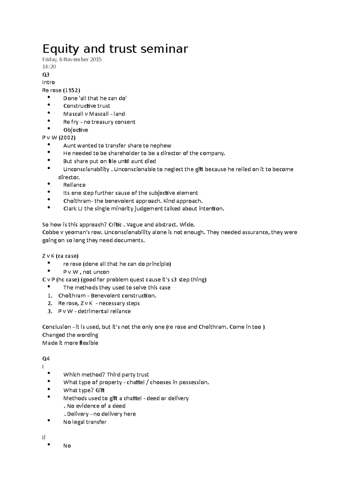 Lecture notes - Seminar 1 - Equity and trust seminar Friday, 6 November ...