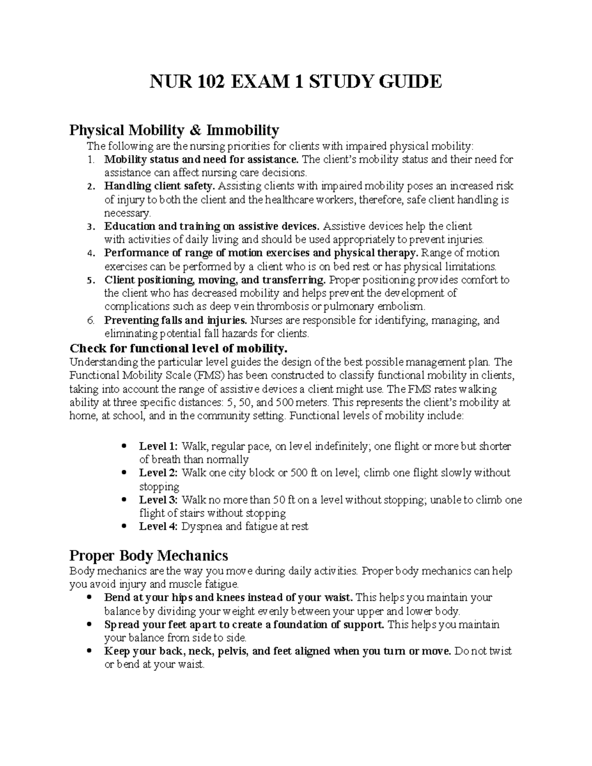 NUR102EXAM1 - NUR101 - NUR 102 EXAM 1 STUDY GUIDE Physical Mobility ...