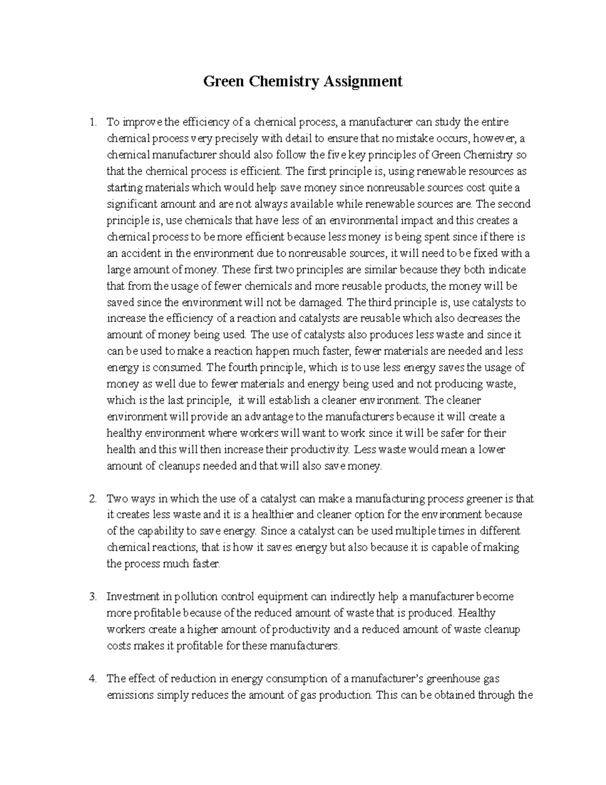 Green Chemistry Assignment - The first principle is, using renewable ...