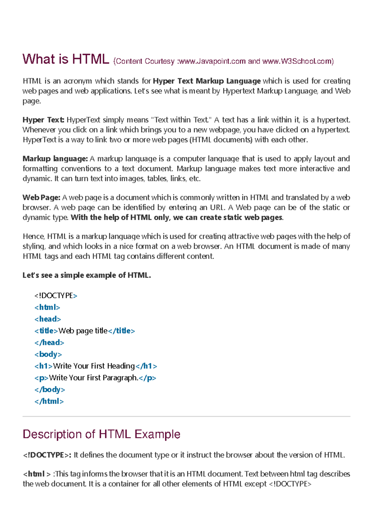 What is HTML - HTML Notes - What is HTML (Content Courtesy :Javapoint ...