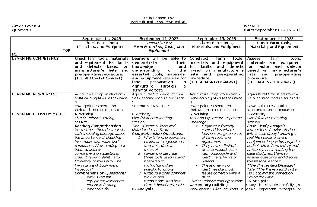 Wk 3 dll 9 - Daily Lesson Log - Daily Lesson Log Agricultural Crop ...