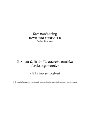 Metod Bryman Bell Sammanfattning - StuDocu