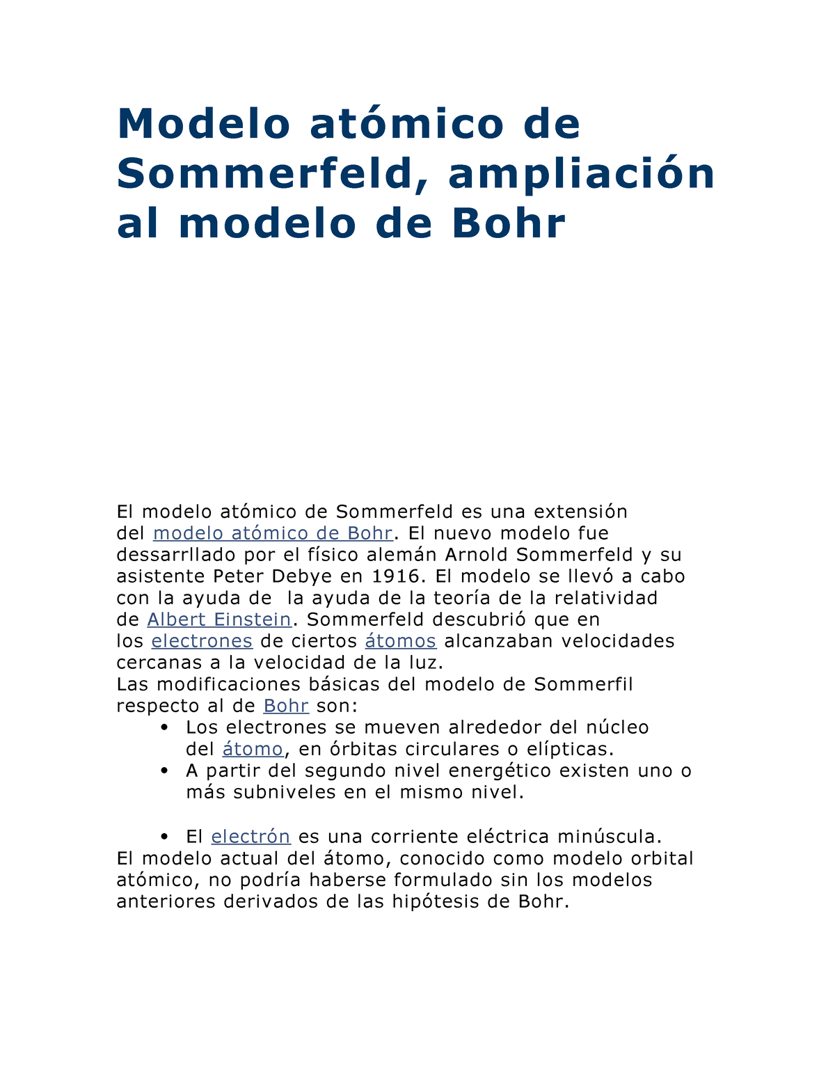 Modelo atómico de Sommerfeldtreeeeeeeeeeeeeeeee - Modelo atómico de  Sommerfeld, ampliación al modelo - Studocu