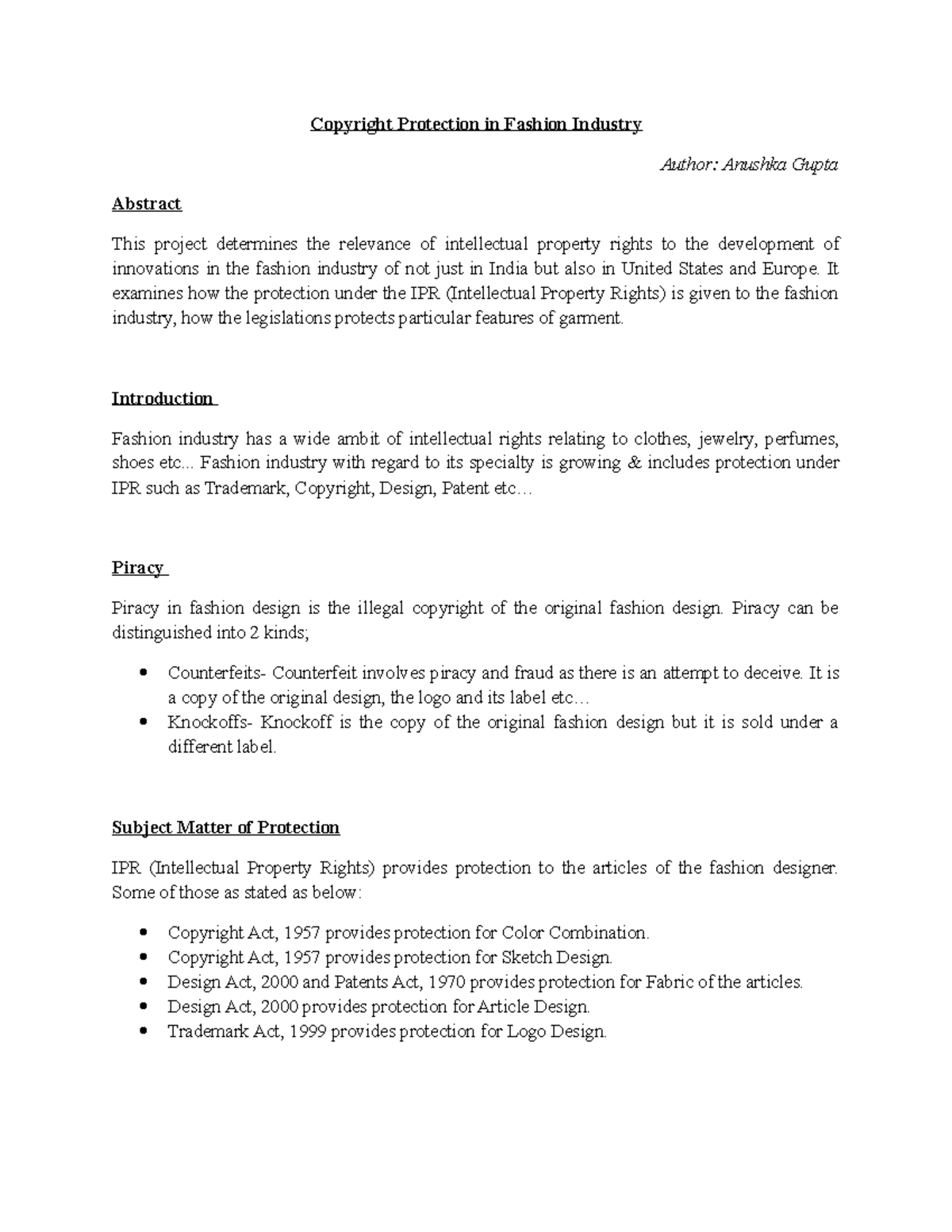 Copyright Protection in Fashion Industry It examines how the