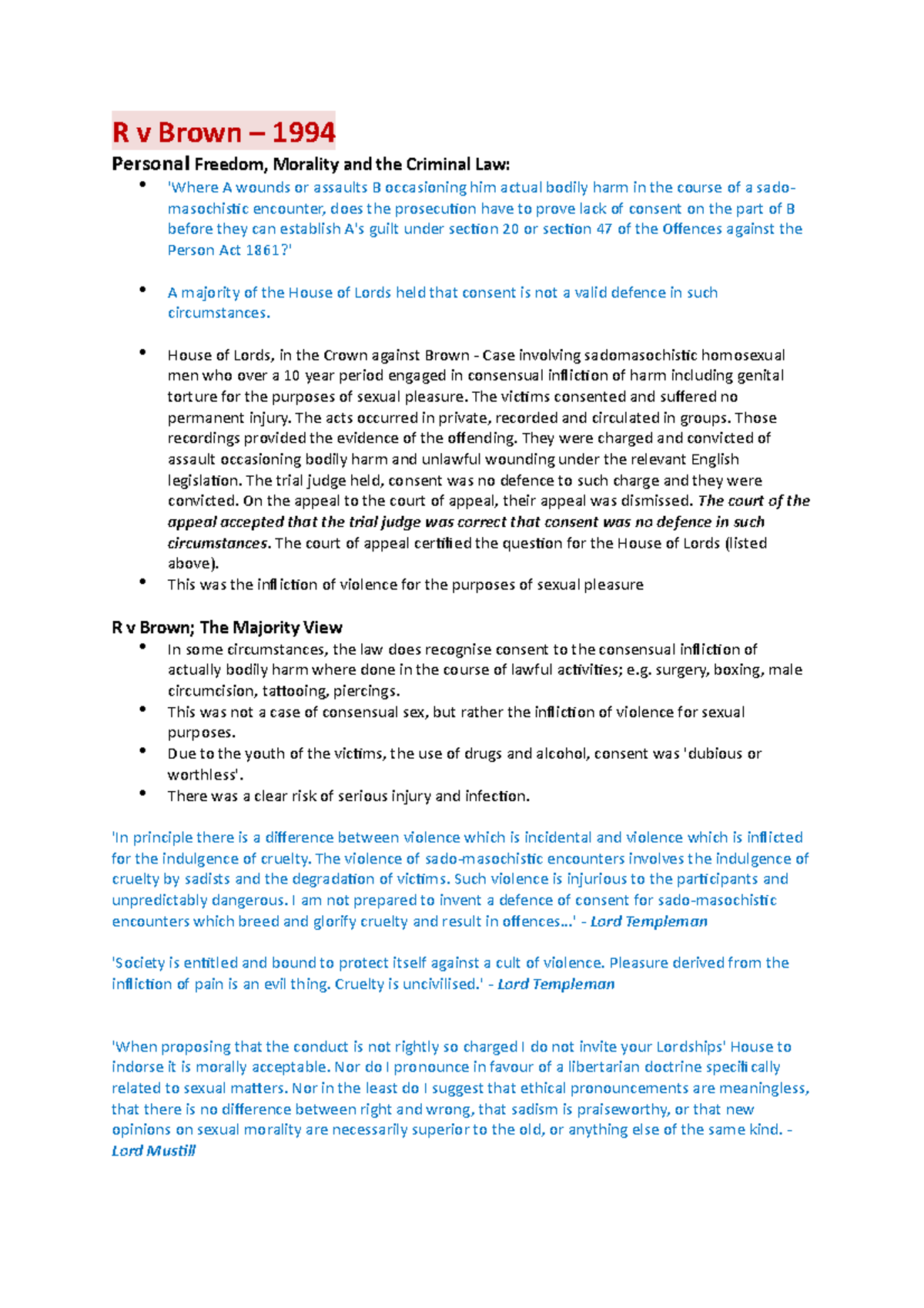 Cases (crim) LAW1114 R v Brown 1994 Personal Freedom, Morality and
