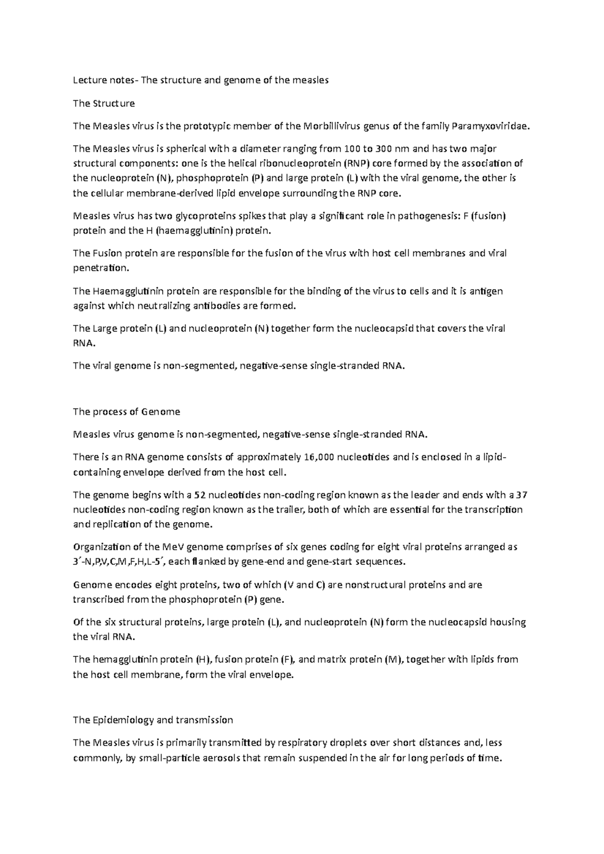 Lecture notes- The structure and genome of the measles - The Measles ...