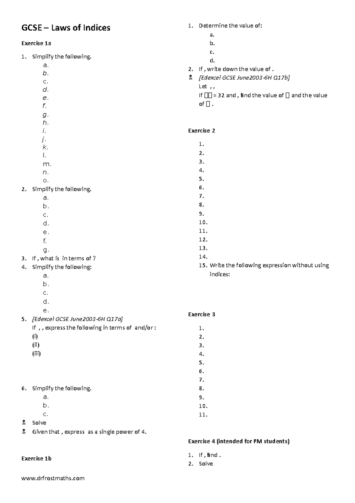 GCSE-Laws Of Indices - GCSE – Laws Of Indices Exercise 1a Simplify The ...