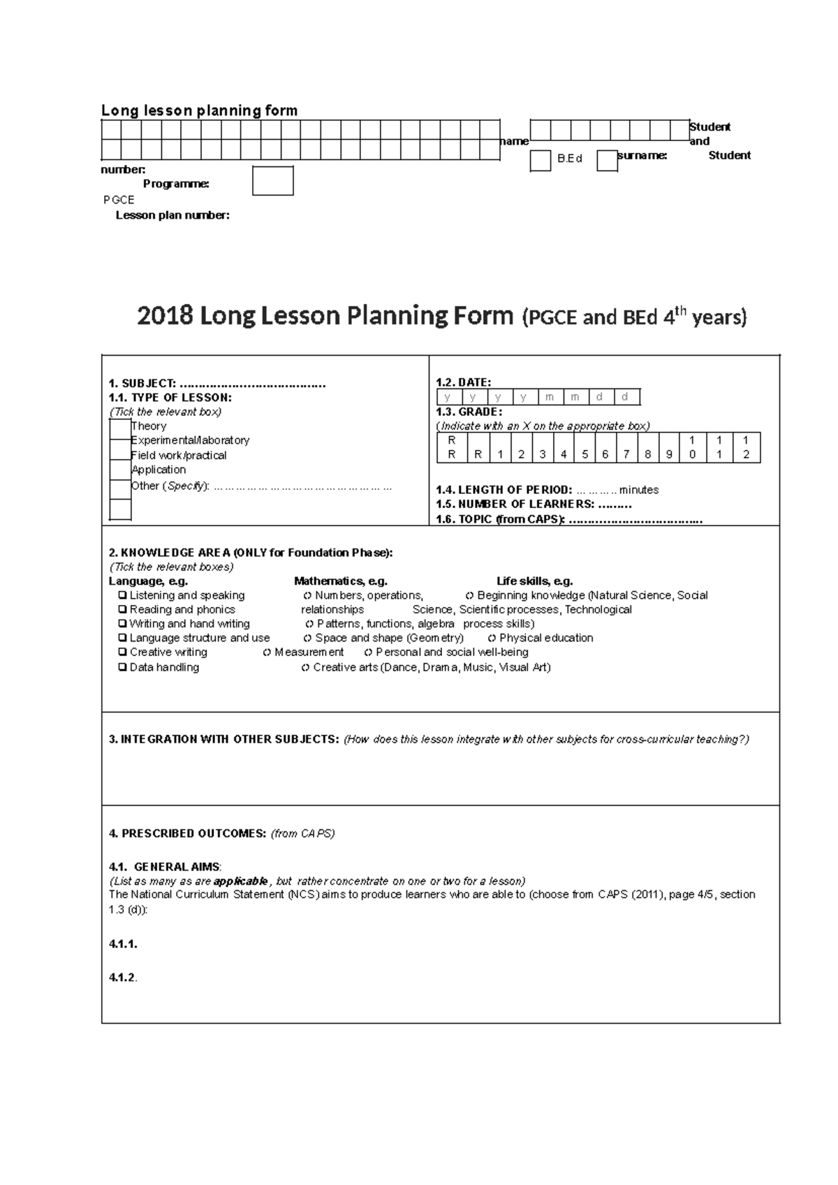 long Lesson Plan Template - Long lesson planning form Student name and ...