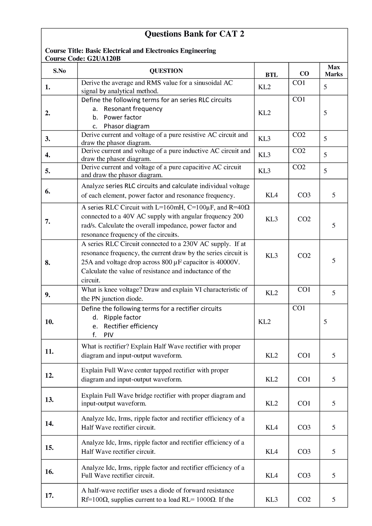 CAT-2 QB BEEE 18 04 23 - Mmmmmmmm - Questions Bank for CAT 2 Course ...