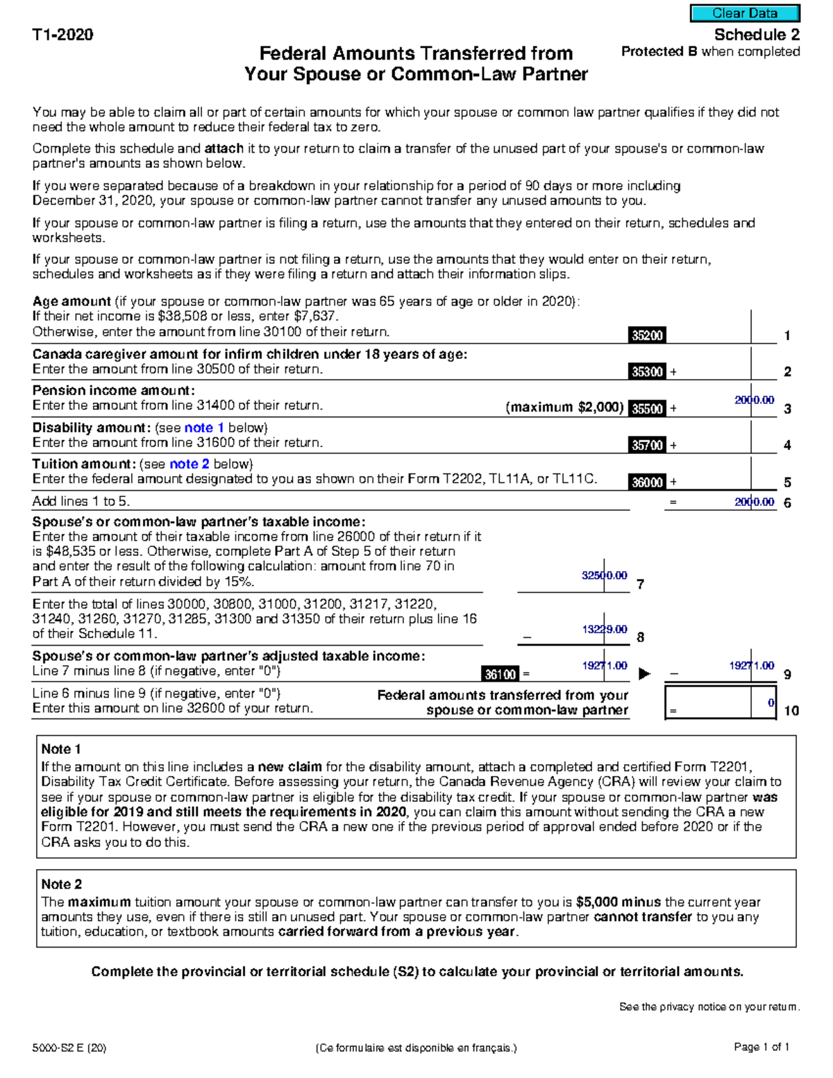 Schedule 2 H T1 2020 Schedule 2 Federal Amounts Transferred From