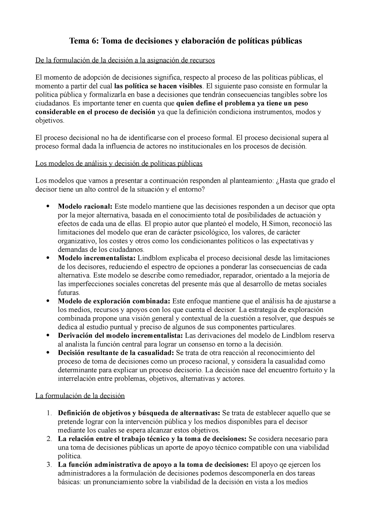 Tema 6 - Apuntes 6 - Tema 6: Toma de decisiones y elaboración de políticas  públicas De la - Studocu