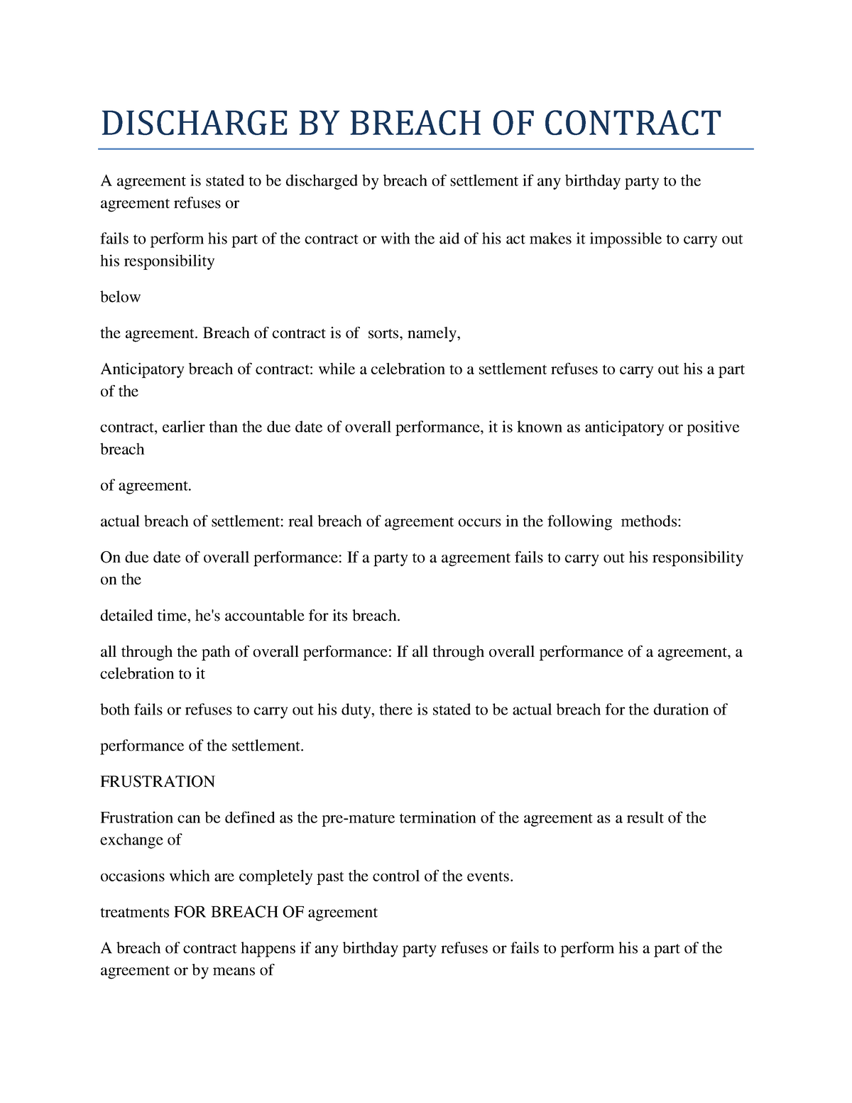 Discharge By Breach Of Contract Discharge By Breach Of Contract A Agreement Is Stated To Be 5704