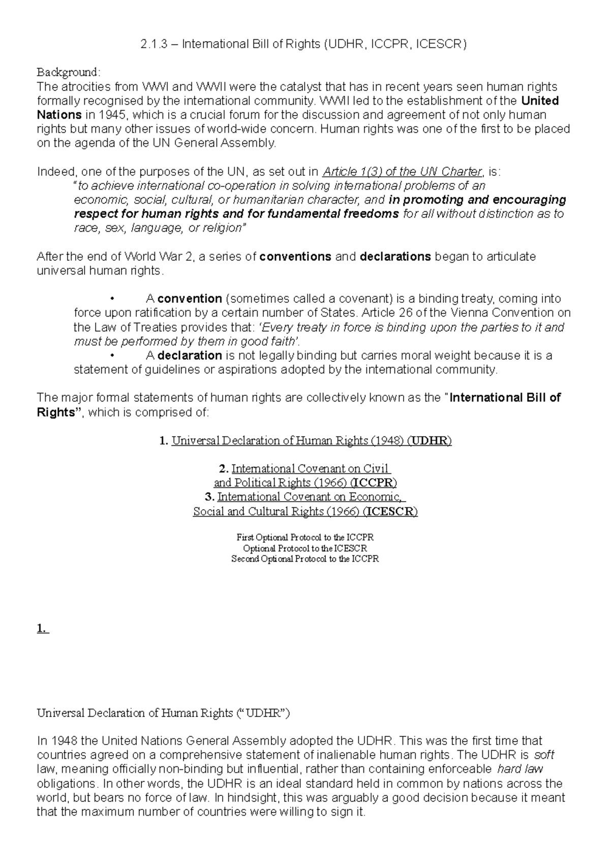 2.1.3 - International Bill of Rights (UDHR, Iccpr, Icescr) Notes - 2 ...