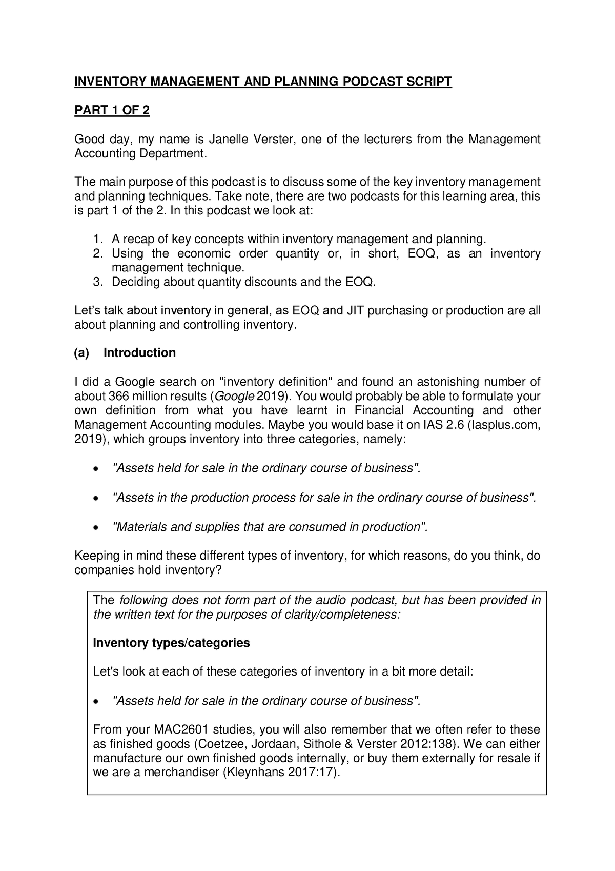 Podcast script EOQ and JIT part 1 of 2 - INVENTORY MANAGEMENT AND ...