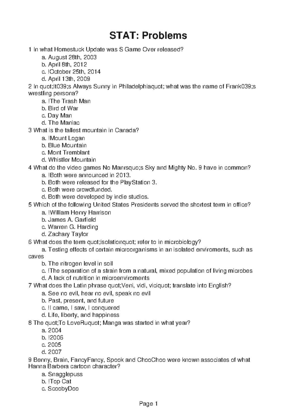 STAT260 Image 6 - STAT: Problems 1 In what Homestuck Update was S Game ...