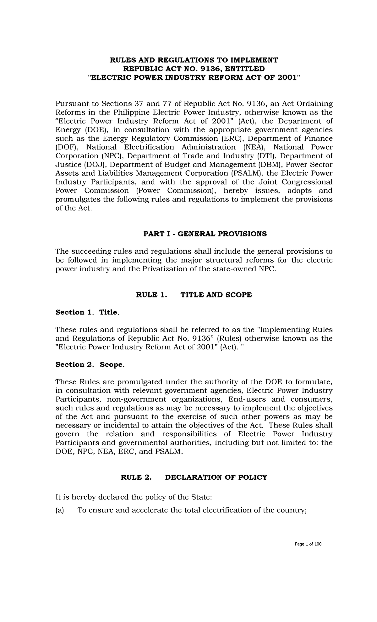 Epira - RULES AND REGULATIONS TO IMPLEMENT REPUBLIC ACT NO. 9136 ...