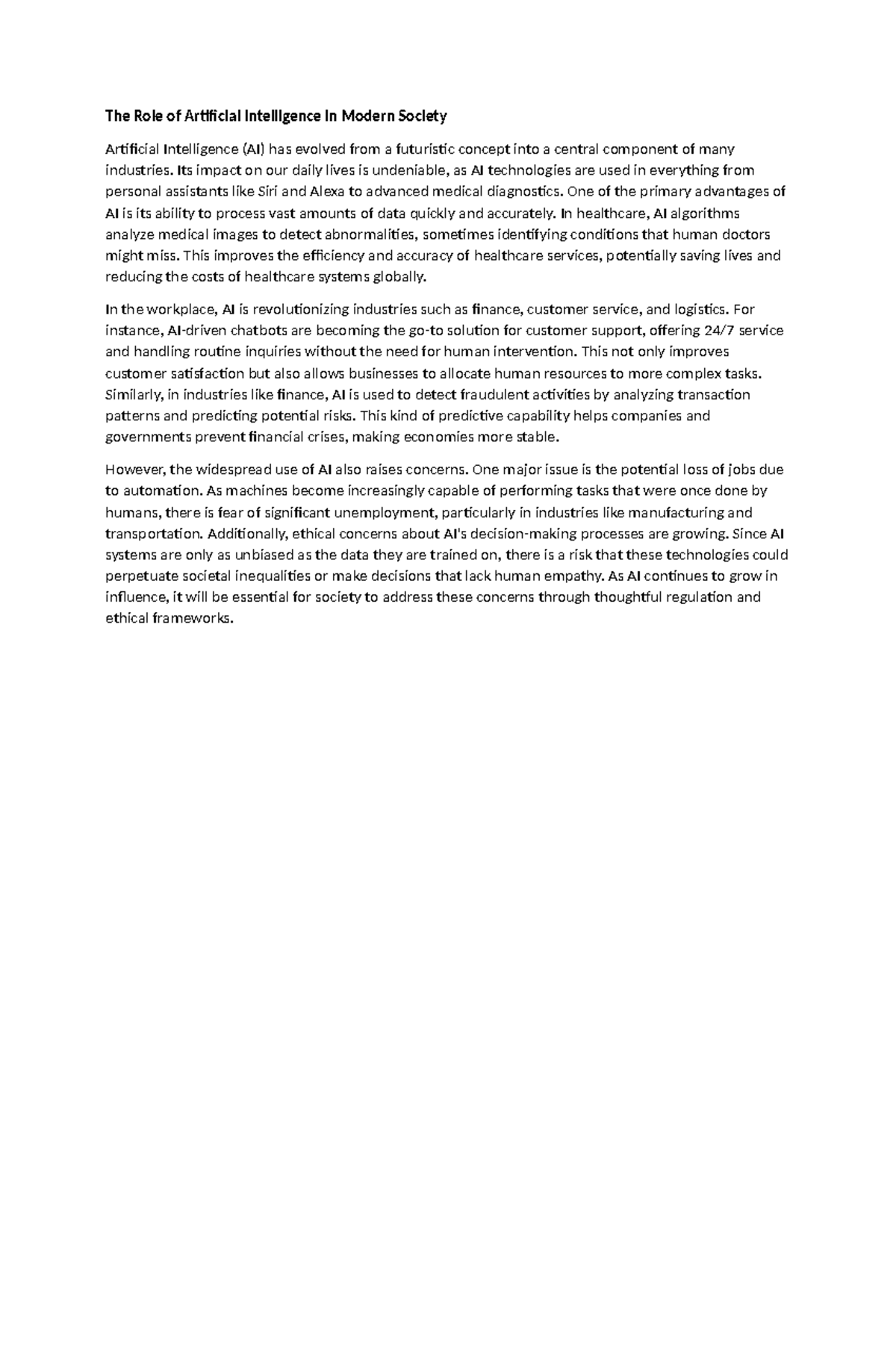 The Role of Artificial Intelligence in Modern Society - Its impact on ...