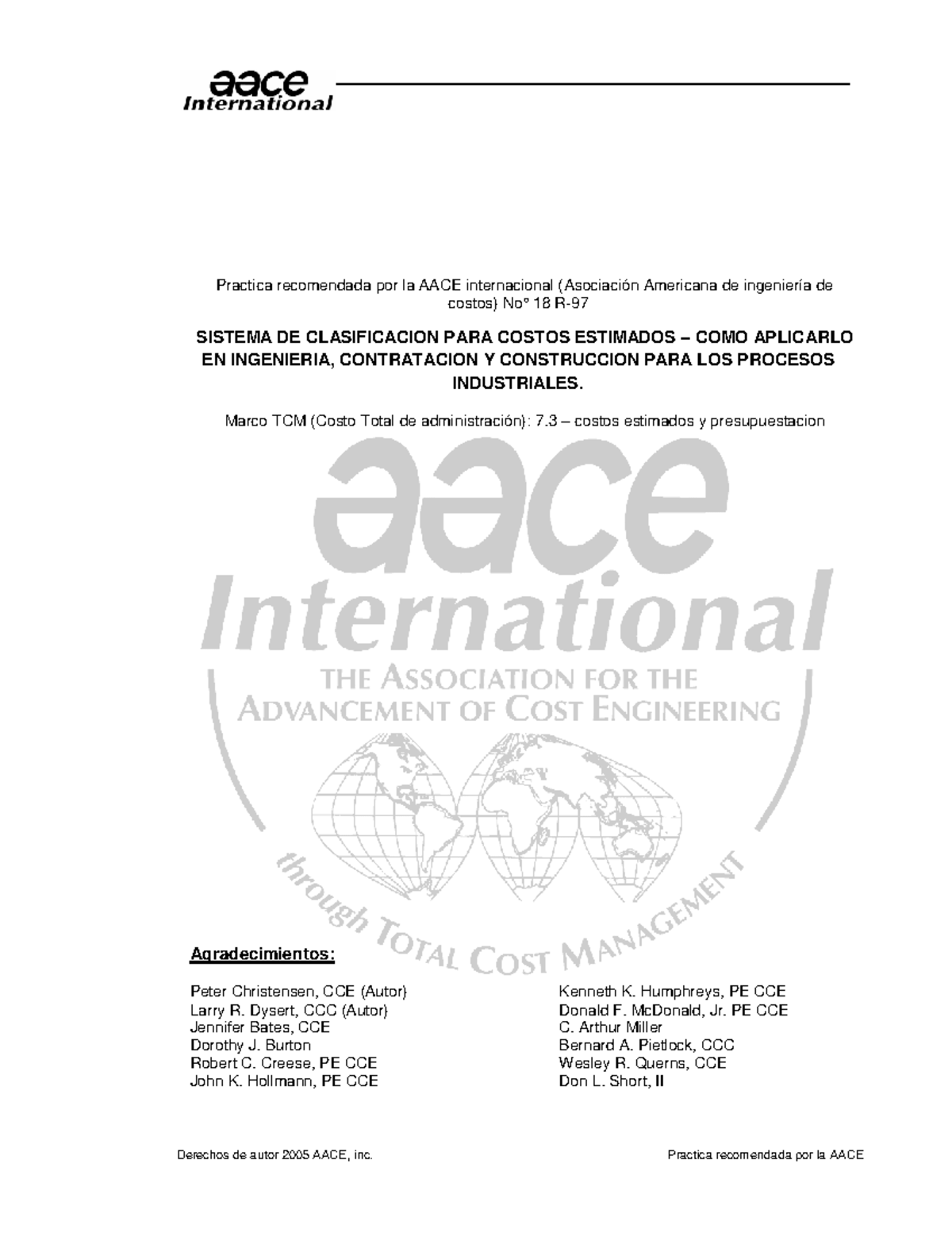 AACE NO 18R-97 sistema de clasificacion de costos estimados - Derechos ...