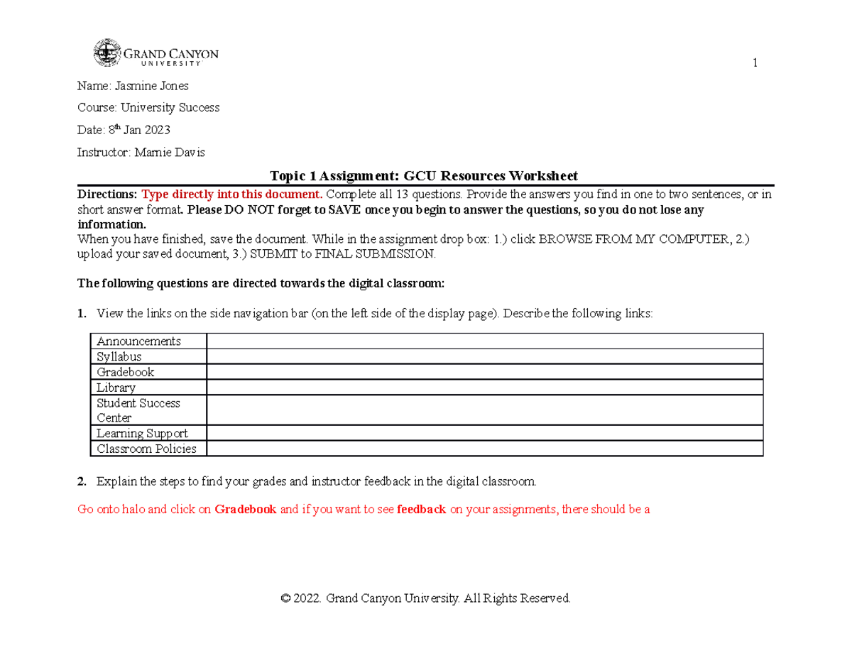 UNV 103 RS T1 Resources Worksheet Trad - 1 Name: Jasmine Jones Course ...